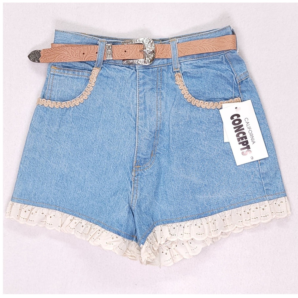California Concepts Vintage High Waist Denim Shorts Ruffle Lace Blue Size 9 NWT